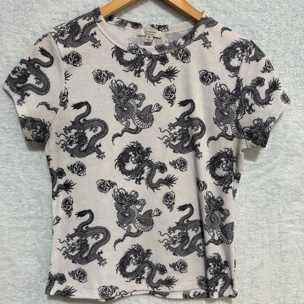 Orange Kiss Essentials Women XL Dragon Print Short Sleeve Top T-Shirt White